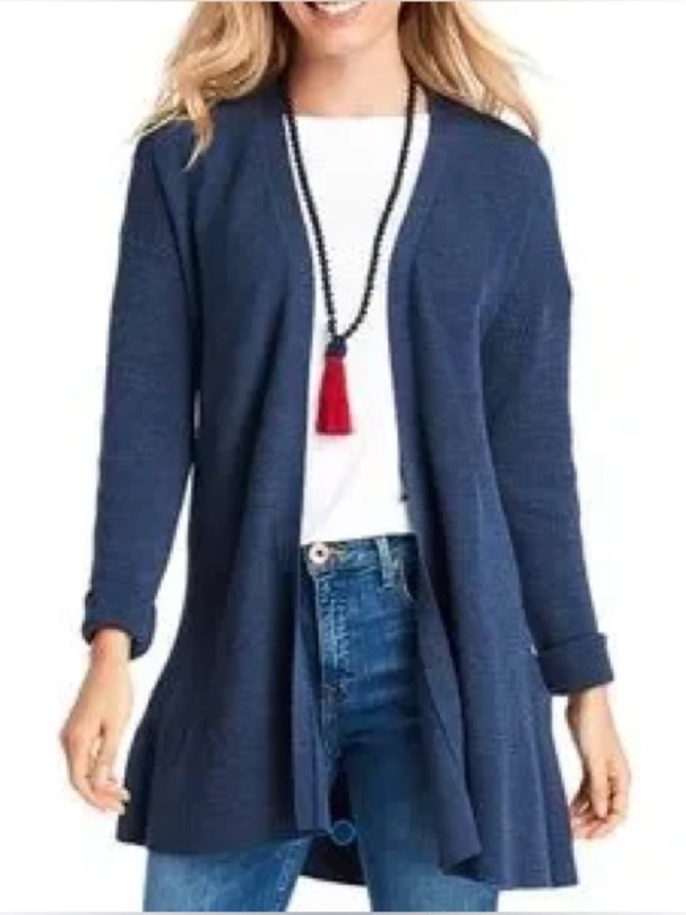 Vineyard Vines Merino Wool Textured Open Front Longline Cardigan Women L Blue